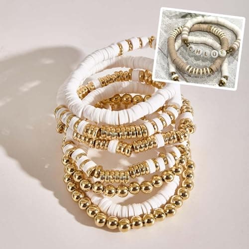 XoeLLe Perles Heishi Colorées, 2064 Pièces Perles Plates pour Bracelet Perles D'argile Perles perles Lettres Kit de Fabrication de Bijoux Perles Fabrication de Bijoux DIY, Cadeaux de Noël(Beige)