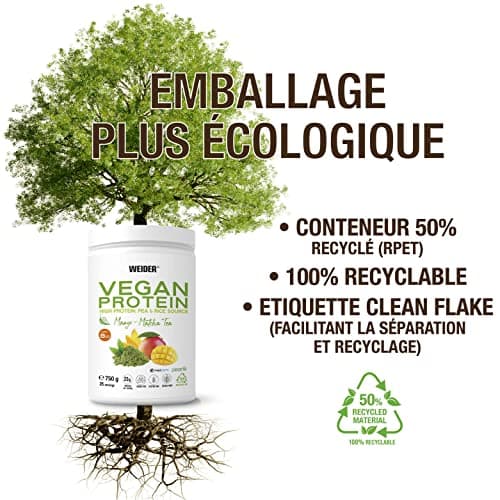 Weider Vegan Protein (750g) Goût Mangue-Matcha. Protéines 100% Vegetal 23g/dose, Pois (Isolat Pisane) & Riz. Avec Vitamine B12 & Stevia. Sans Gluten, Sans Sucre. Emballage 50% Recyclé, 100% Recyclable