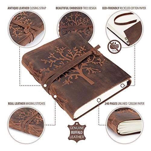 MOONSTER® Carnet de Notes en Cuir Arbre de Vie - Bloc Note Fait Main pour Hommes et Femmes Pages Vierges 20x15 cm - Carnet de Voyage ou Cahier de Dessin