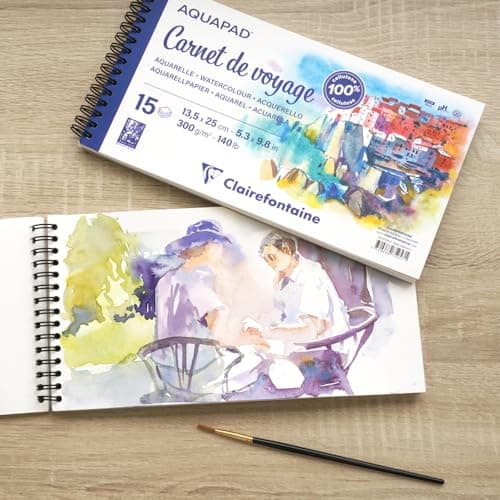 Clairefontaine 975957C - Carnet de Voyage Spiralé Aquapad - 15 Feuilles Papier Aquarelle Blanc Grain Moyen Fin 13,5x25 cm 300g - Idéal pour les Artistes Globe-trotteurs
