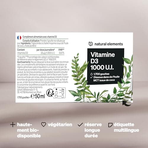 natural elements Vitamine D3 – 1000 U.I. Vitamine D par goutte – 50 ml (1700 gouttes) – enhuile TCM de noix de coco – fortement dosée, liquide
