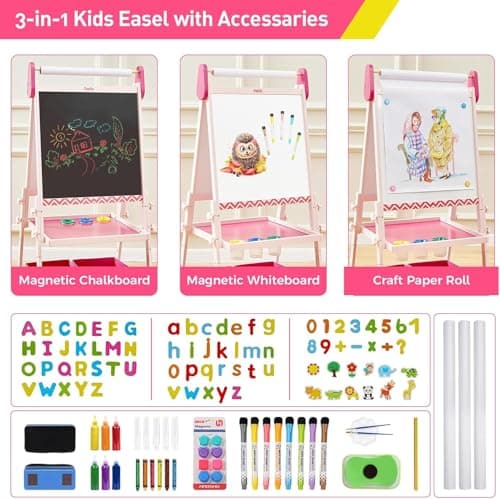 FUNLIO Chevalet d'art pour enfants âgés de 3 à 8 ans, tableau anti-déformation & cadre effaçable, tableau enfant avec magnétique/tableau blanc, 3 hauteurs réglables, avec rouleau de papier rose
