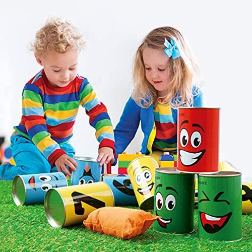 Ulifeme Chamboule Tout, Jeux de Plein Air pour Enfant et Adulte, Jeux Exterieur avec 10pcs Sourire Boite de Conserve Metal + 3pcs Sacs de Fèves, Jeux de Lancer Cadeau for Enfants Anniversaire et Fête