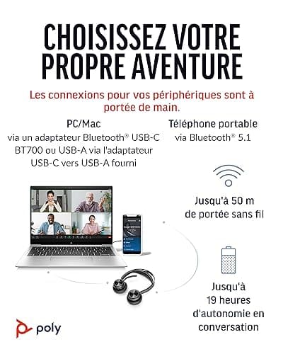 Micro-casque sans fil Poly Voyager Focus 2 UC avec microphone et socle de chargement - Annulation active du bruit (ANC), Connexion à un PC/Téléphone portable via Bluetooth, avec Teams (certifié), Zoom