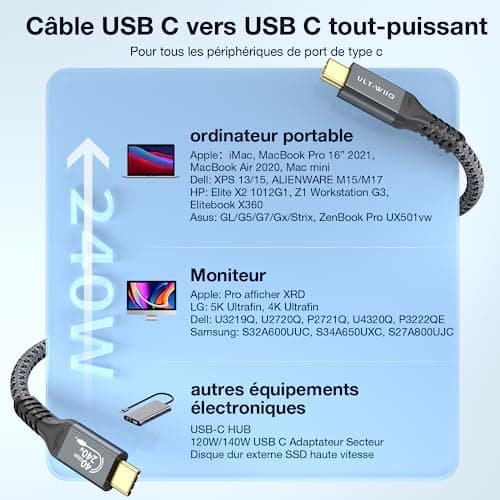 ULT-WIIQ USB4 240W/8K Câble USB C vers USB C Compatible avec Thunderbolt 4/3, Cable USB C vers USB C Charge Rapide & 40Gbps Transmission pour iPhone 15 Pro, Samsung, MacBook Pro, Sony, LG, Hub.(0,3M)