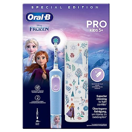 Oral-B Pro Kids Brosse à Dents Électrique Enfant, Reine des Neiges Disney, 1 Brossette Brossage Doux, 1 Étui Voyage, Minuteur et Vibrations, Batterie Rechargeable, 4 Stickers, 3 Ans et Plus