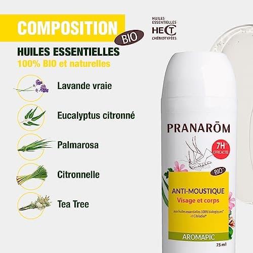 Pranarôm Roller Anti-Moustiques Bio Efficacité 7 Heures aux Huiles Essentielles Biologiques Aromapic 75 ml