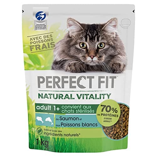 PERFECT FIT NATURAL VITALITY Croquettes pour Chat Adulte Stérilisé Poissons Blancs & Saumon - Lot de 6 Sacs 1kg - Nourriture Complète & Equilibrée avec des Ingrédients Naturels