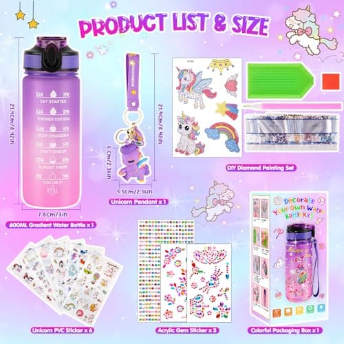HGRGHH Licorne Bricolage Gourde, 600 ml Fille DIY Gourde, Kit de Loisir Créatif Enfant, Jeux Créatif Fille 5 6 7 8 9 10 Ans pour Cadeau Noël Anniversaire Cadeau, Sans BPA avec Autocollants, Porte-clés