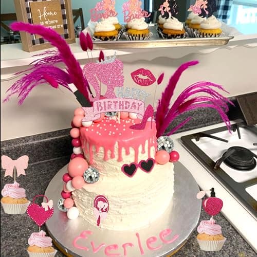 JeVenis birthday décoration de gâteau d'anniversaire de fille rose vif décoration d'anniversaire de fille rose boules roses feuilles de palmier talons lipstick sacs cake topper
