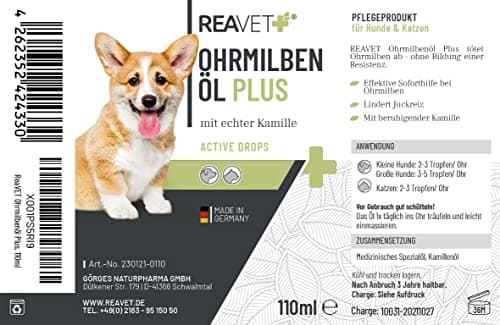 ReaVET Huile d'acariens Plus 110 ML - Produit Efficace immédiat pour Chiens, Chats et Animaux domestiques - Contre Les acariens à la Camomille - Soin Doux pour Les démangeaisons dans l'oreille