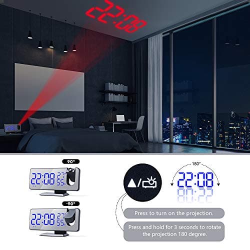 Ailgely Réveil Projecteur Plafond sur Secteur,Radio Réveil Projection Plafond,180° Radio Réveil Horloge Digitale Moniteur D'humidité de la Température pour Chambre Chambre d'enfant