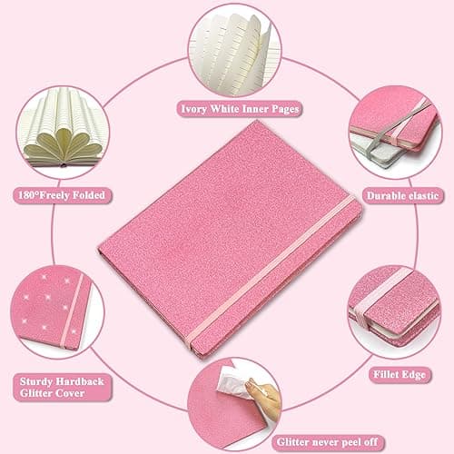 Carnet A5 à Paillettes Rosa, Les Paillettes Brillantes ne se Décollent Jamais 21x14,5cm 80 Feuilles Lignée Cadeaux Cahier de Note pour Femme Fille Adolescent écrivant Prendre des notes Projets Bureau