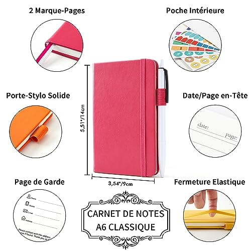 feela 6 Carnet de Notes de Poche A6 avec 6 Stylos Noirs, Page Lignée, Petit Carnet de Poche à Couverture Rigide avec Porte-Stylo, Bloc Note A6 pour Bureau Ecole pour Notes, 9 x 14 cm, Couleurs Unies