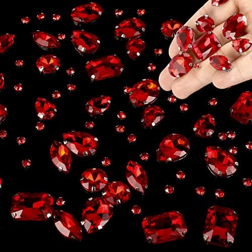 186 Pcs Strass en Verre, Cristal Clair, Strass à Griffe en Métal, Pierres Précieuses à Coudre en Verre, Strass à Coudre sur Griffe, pour Décoration d'Artisanat, Décoration de Couture de Robe (Rouge)