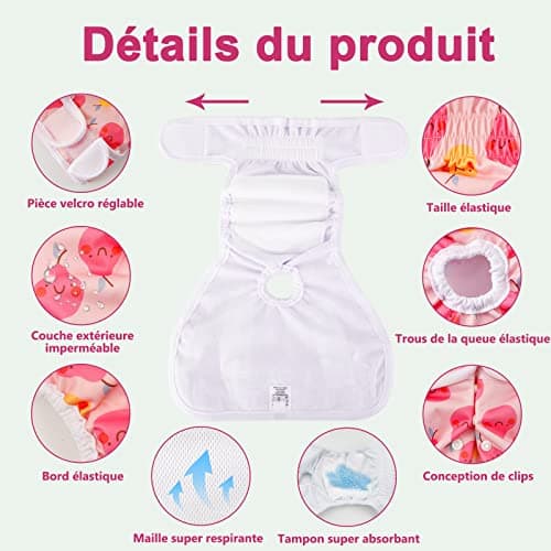 COMSLE Couche pour Chien Femelle Lavable (Lot de 3), Réutilisables Culottes Hygiéniques Très Absorbantes Chiennes Chaleurs, Culotte pour Chien Femelle en Chaleur et Incontinentes, Fleurs Roses XS