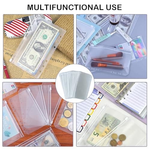30 Pièces Pochettes Classeur, 6 Trous Pochette Plastique A6, Transparente Imperméable Dossiers à Glissière, Enveloppe Budget, Sacs Zippés à Feuilles Mobiles pour Documents, Cahiers, Cartes