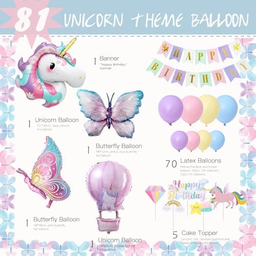 Ballon Licorne, Kit Deco Anniversaire Fille, Decoration Licorne Anniversaire, Géant Ballons Papillon, Anniversaire Licorne Princesse pour 1 2 3 4 5 6 7 8 9 ans Fille Enfants Decoration Anniversaire