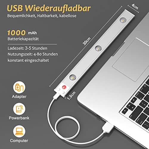 OUILA 30cm Lampe de Placard à Détecteur de Mouvement, Dimmable Rechargeable USB Sans Fil LED Lamp 3000K-6000K Éclairage étude Cuisine Veilleuse Armoire Escalier Couloir Lampe