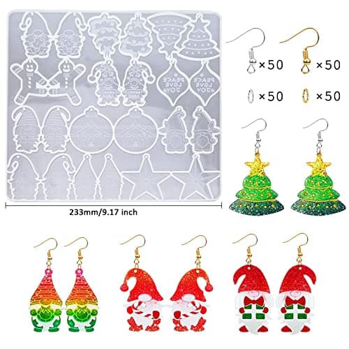 Pwsap 12 Pièces Nouveau Moulle Silicone Resine de Noël, Epoxy Bijoux Moule Avec 100 Crochets Boucles D'oreilles et Anneaux Saut Ouverts,Arbres Noël,étoiles Autres Formes Pour
