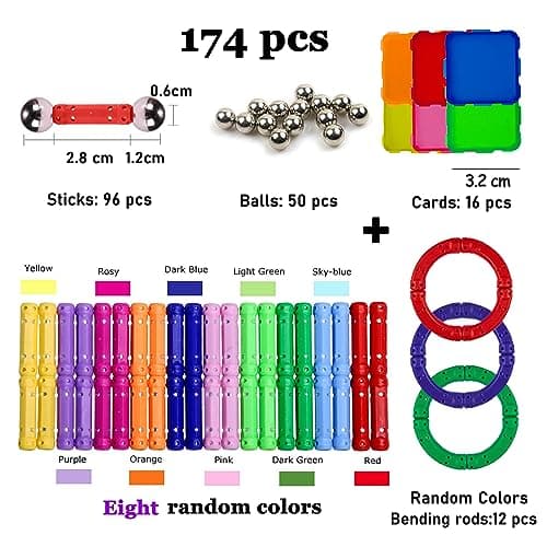 Jokooan Jouet de Construction Magnétiques, 174 Pcs Bâtons Magnétiques Jouet Aimanté Enfant STEM Jouets Éducatifs Intelligence et Ensemble d'Entraînement Cérébral pour Les Enfants