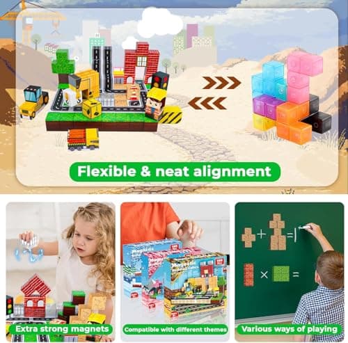 Construction magnetique enfant avec accessoires routiers bloc de construction magnétique avec véhicules de chantier pour enfants à partir de 5, 6, 7 ans engins de chantier jouet voiture enfant 5 6 7 a