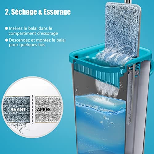 MASTERTOP Balai Microfibre et Seau Essoreur, Serpillière Plat Rotatif 360° et Seau Auto-Lavage, Vadrouille de Mains Libre pour Nettoyage de Sol, avec 6 Serpillières Réutilisables (Gris foncé)