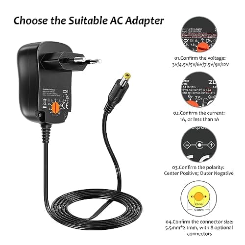 Zolt 12W AC to DC Adaptateur Secteur Universel 3V 4.5V 5V 6V 7.5V 9V 12V 1A Adaptateur Multi-Tension avec 8 Prises DC pour l'électronique, 1000mA Max.