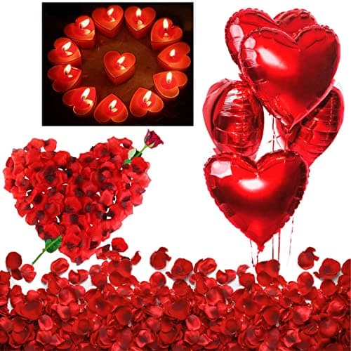Bougies Romantiques et Pétales. 50 Bougies en Forme de Coeur + 1000 Pétales de Rose Rouges en Soie, 5 Ballons Coeur Rouges - Décoration pour Mariage, Saint Valentin et Fiançailles