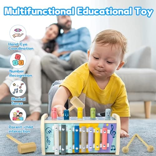 Fajiabao Jouet Bebe 1 an-Jouet Enfant 1 an Jeux Montessori 1 an Xylophone Bebe Jeux en Bois Bebe Cadeau 1 2 an Fille Garcon 3 en 1 Jeu Educatif 1 2 an Bebe avec Jeu de Taupe, Jeu Match de Numéro