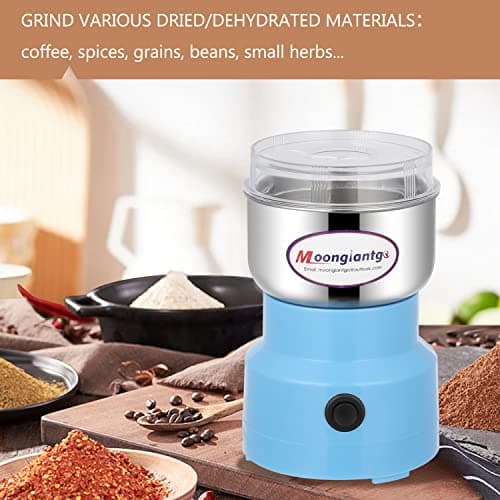 Moongiantgo Moulin à Céréales Multifonctionnel 200W 14500rpm, Moulin à Café Ultra-Fin, 300ml Broyeur à Épices Électrique Portable, Acier Inoxydable, Parfait pour Matières Sèches, Herbes, Café (Bleu)