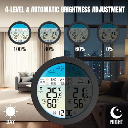 Raddy DT7 Station météo sans fil avec capteur à distance, thermomètre-hygromètre, stations météo avec grand écran couleur HTN, horloge DCF, double alarme, prévisions météo, alerte de gel