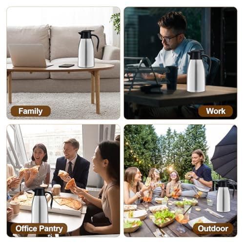 Pichet Isotherme 2L Thermos café 304 Acier Inoxydable Double-Wall Vacuum Isolé thermos 2L avec Poignée et Bec Café Pot Thermos pour Eau Chaud au Bureau Hôtel et Restaurant (argent)