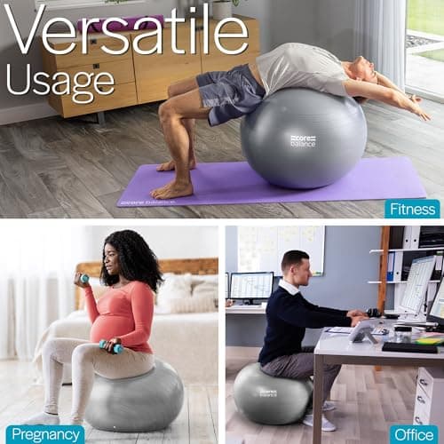 Core Balance, Ballon d’Exercices pour Entraînement Gymnastique, Fitness, Yoga, Grossesse - Antidérapant/Anti-Éclatement - Diamètre Disponible : 55cm 65cm 75cm 85cm avec 1 x Pompe