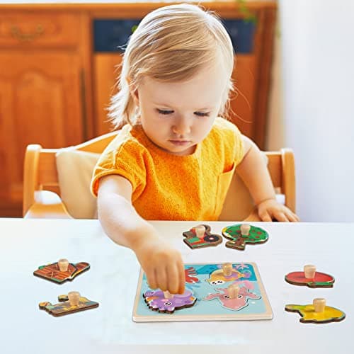 Funsland Puzzle Bois Bebe, 4 Pièces Puzzle en Bois Enfant À Puzzle Encastrement de Animaux, Fruits, Animaux Marins, Jouet Éducatif, Montessori Jouets Cadeaux pour Bebe 1 2 3 an