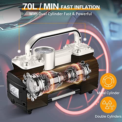GSPSCN Argent Compresseur d'air portatif Pompe Voiture, Gonflage pneus Voiture portable à double cylindre 12V robuste 150PSI Gonfleur de pneu Heavy Duty Electrique Voiture, SUV, camping-car, balles