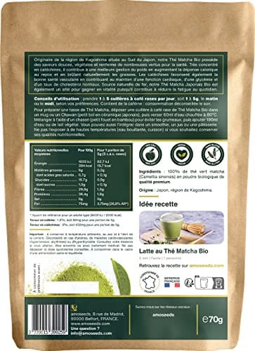 Thé Matcha en poudre Bio Japonais 70G | Thé Vert | Qualité Premium | Tonus, Minceur, Drainage