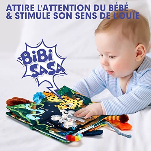 hahaland Livre Tissu Bébé Eveil 0 3 Mois Jouet Suspendre pour Bébé 0-3 6 Mois Livre Doux Froissé avec des Animaux de la Jungle Cadeau de Naissance pour Tout-Petit Garçon Fille