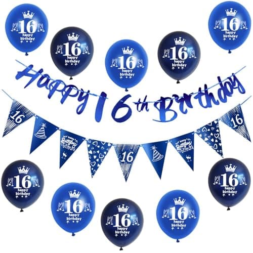 Bleu guirlande Happy 16th Birthday bannière + 16 ans anniversaire drapeaux triangulaires + 16 pcs 16 ans anniversaire ballons 16 ans anniversaire garcon décoration anniversaire 16 ans garcon Bleu