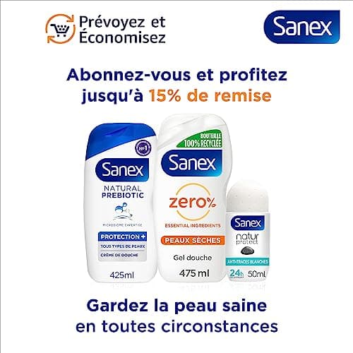 SANEX - Natural Prebiotic Hypoallergénique Gel Douche - Peau Très Sensible - Hydratation 12h - Complexe Prébiotique & Postbiotique - Testé Sous Contrôle Dermatologique - Sans Sulfate* - 425mL x6