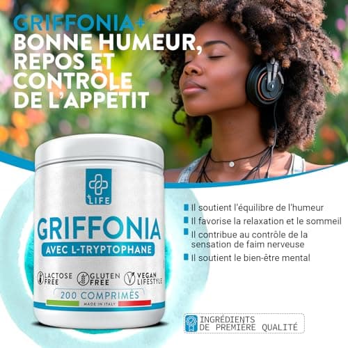 GRIFFONIA Tryptophane Forte Dose PiuLife® 200 Comprimés De 400mg, L tryptophane Précurseur De La Serotonine, Somnifere Puissant Pour Dormir Mieux Naturel, Bonne Humeur, Anti Anxiete et Stress