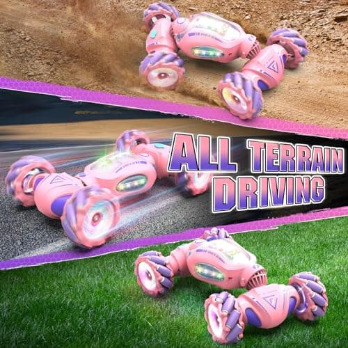 Nitigo Voiture Télécommandée Fille, 4x4 Voitures Telecommandé Enfant Tout Terrain 360° Rotation Stunt, 2.4 GHz Drift Voiture RC avec la Main, Jouet Cadeau Garcon 6 7 8 9 10 11 12 Ans Rose