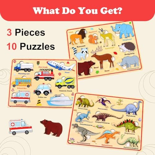 3 Jeux De Puzzles pour Bois pour Les Jeunes pourfants, Autocollants Magnétiques pour Bois pour Le Réfrigérateur, Puzzles Montessori, Cadeaux pour Filles Et Garçons -Voiture Dinosaure Animaux