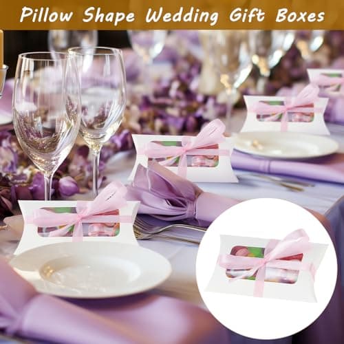 HSEAMALL Lot de 50 boîtes à dragées de mariage, boîte cadeau avec ruban pour décoration de fête de mariage, d'anniversaire (boîte à bonbons blanche avec fenêtre transparente)