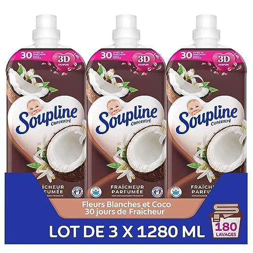 SOUPLINE Adoucissant Concentré 3D Senteur Noix de Coco, Formule Active à Froid, 92% D'ingrédients D'origine Naturelle, Set de 3 x 1.28L