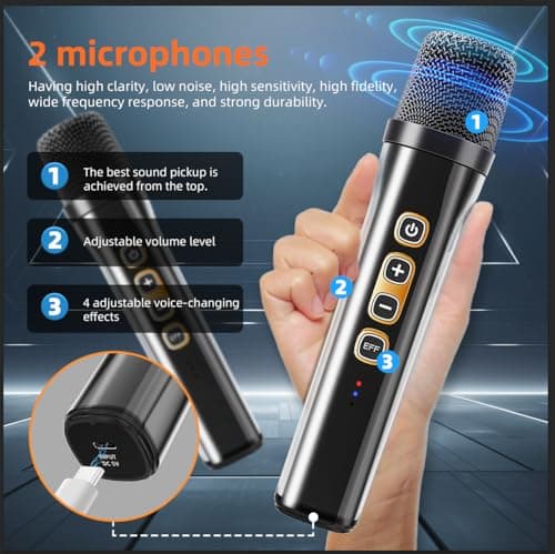 Machine de karaoké avec 2 haut-parleurs de microphone sans fil, un système de sonorisation Bluetooth portable pour adultes et enfants, adapté pour les réunions à la maison, les fêtes d'anniversaire et