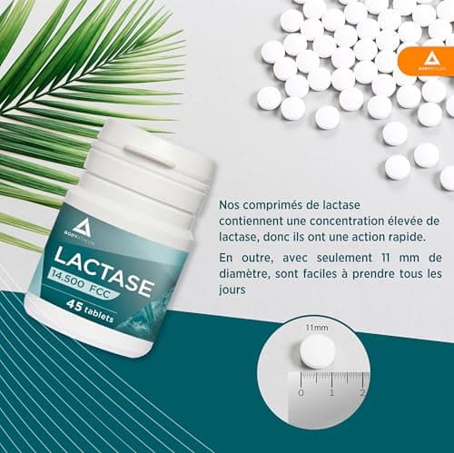 Lactase Comprimes 14500FCC extra forte- Lactase Enzyme– Effet rapide– Améliore la digestion du lactose- Enzyme Digestive Lactase 145mg Format pocket- 45 comprimés- Bodyathlon