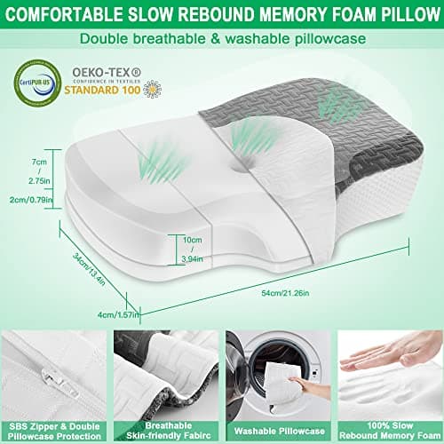 Elviros Oreillers à Mémoire de Forme, Oreillers Ergonomiques pour la Nuque, Oreiller Orthopédique Anti Douleur, Décontracter Les Muscles, Gris Foncé, 54 x 34 x 8.9/10.9 cm