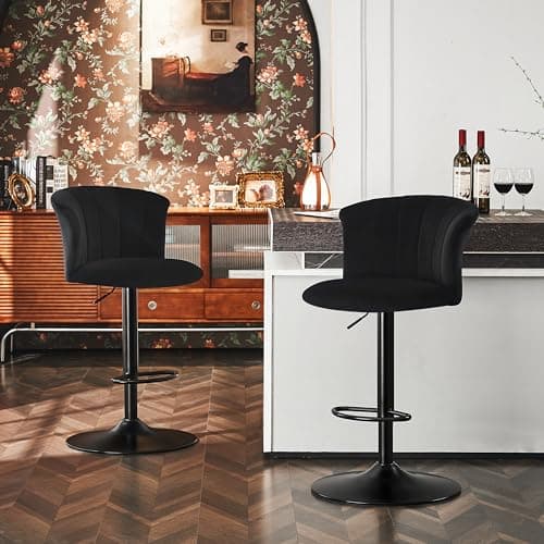 STOOLINK Tabouret de Bar Lot de 2 Chaise de Bar Tissu Velours Soie, Cuisine Siège Bar Réglables Chaises Bar, Tabourets de Bar avec Repose-Pieds, Convient pour Cuisine, Comptoir, Bar-Noir