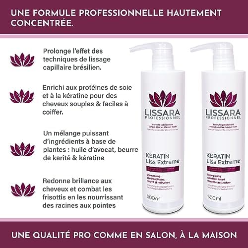 LISSARA - Duo Shampoing et Après-Shampoing Sans Sulfate SLES - Sans Silicone - Sans Paraben - à la kératine - Prolongateur Apres Lissage Brésilien - Fabriqué en France - 2 x 500ml